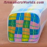 Pink Blue and yellow plaid polymer clay cane